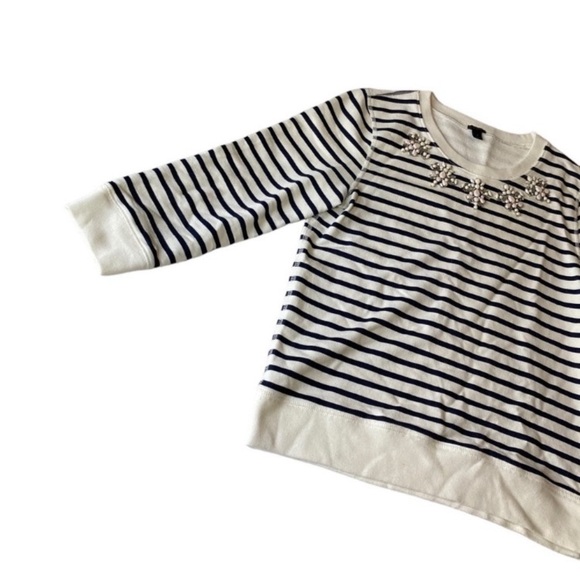 J Crew Striped Jewel Embellished Crew Neck 3/4 Sleeve Sweatshirt Small - Picture 2 of 7